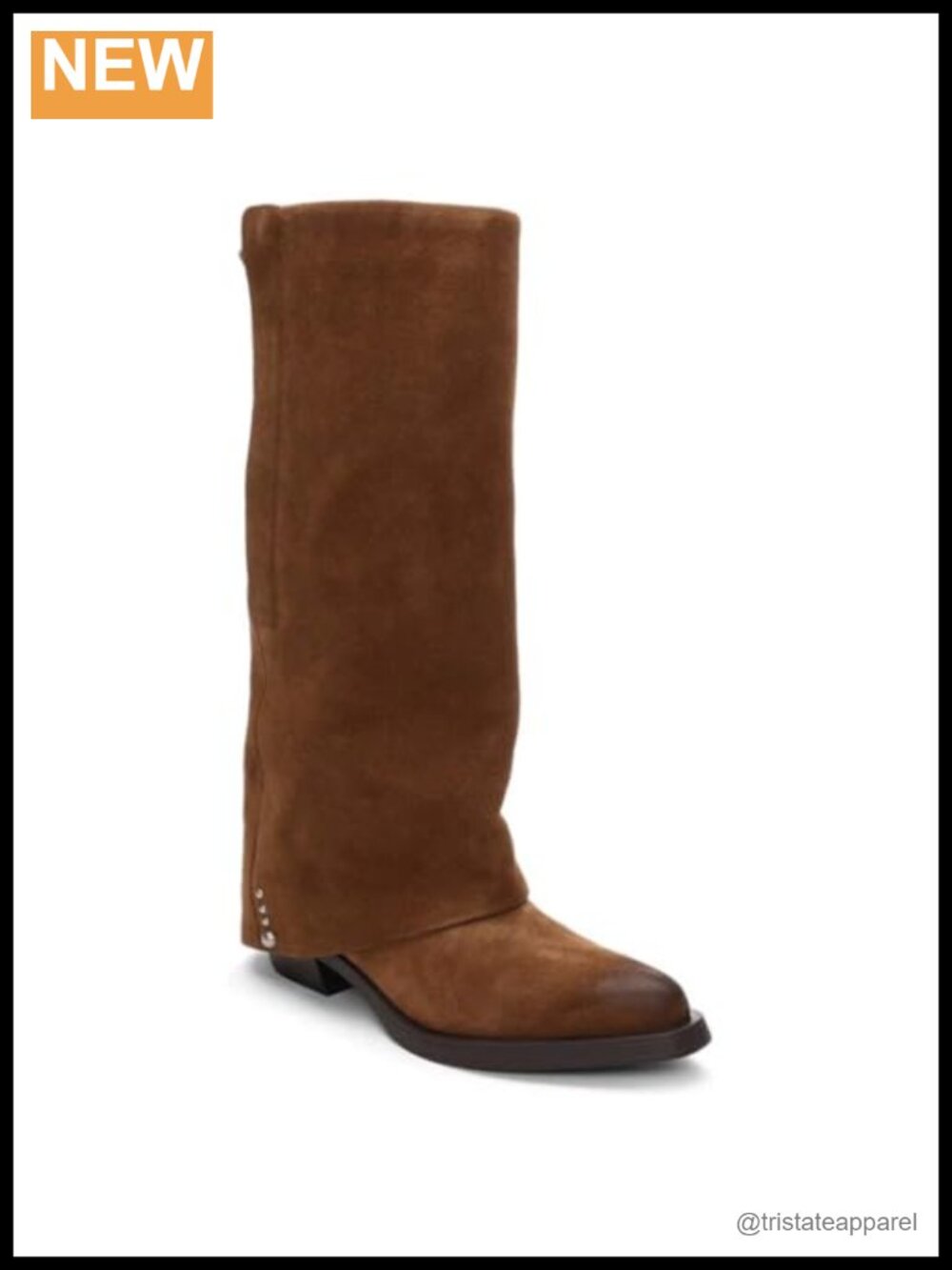 Suede Knee-High Foldover Boots with Block Heel, Almond Toe, Zip Closure